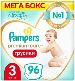 Изображение товара Подгузники трусики Pampers Premium Care 3 размер / 6-11кг ультрамягкие 96шт