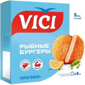 Изображение товара Бургеры из фарша рыбного Vici в панировке обжаренные замороженные 500г
