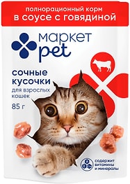 Изображение товара Влажный корм для кошек Маркет Pet Сочные кусочки в соусе с говядиной 85г