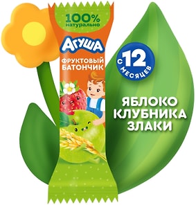 Изображение товара Батончик фруктовый Агуша Яблоко-клубника-злаки 15г