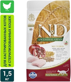 Изображение товара Сухой корм для стерилизованных кошек и кастрированных котов Farmina N&D Cat Ancestral Grain низкозерновой с курицей и гранатом 1.5кг