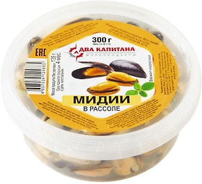 Изображение товара Мясо мидий Два Капитана отварное в рассоле 300г