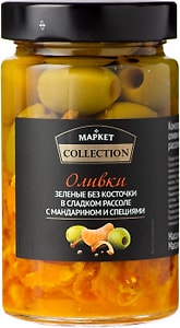 Изображение товара Оливки Market Collection зеленые в сладком рассоле с мандарином и специями 320г