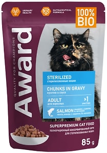 Изображение товара Влажный корм для кошек Award Sterilized для стерилизованных кусочки в соусе с лососем 85г