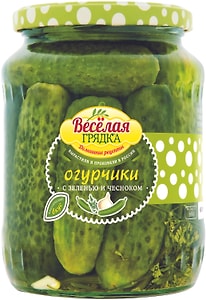 Изображение товара Огурцы Веселая грядка Огурчики маринованные с зеленью и чесноком 680г
