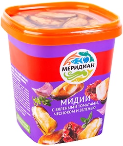 Изображение товара Мидии Меридиан с вялеными томатами чесноком и зеленью в масле 415г