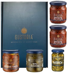 Изображение товара Подарочный набор Gustoria Каперсы 106мл + Халапеньо 210мл + Вяленые томаты 210мл + Брускетта из вяленых томатов с оливками 210мл*2шт
