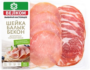 Изображение товара Деликатесы ассорти Велком сырокопченые Шейка Балык Бекон нарезка 90г