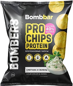 Изображение товара Чипсы Bombbar цельнозерновые протеиновые Сметана и зелень 50г