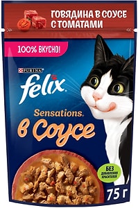 Изображение товара Влажный корм для кошек Felix Sensations с говядиной в соусе с томатами 75г