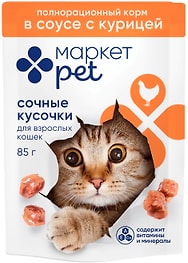 Изображение товара Влажный корм для кошек Маркет Pet Сочные кусочки в соусе с курицей 85г