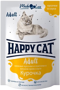 Изображение товара Влажный корм для кошек Happy Cat Курочка нежные кусочки и ломтики в яичном соусе 85г