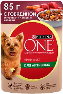 Изображение товара Влажный корм для собак Purina ONE для мелких пород с говядиной картофелем и морковью в подливе 85г