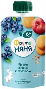 Изображение товара Пюре ФрутоНяня из Яблок и черники с печеньем 90г