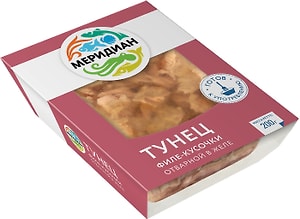 Изображение товара Тунец Меридиан Желтоперый филе-кусочки без кожи отварной в желе 200г