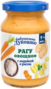 Изображение товара Пюре Бабушкино Лукошко рагу овощное с индейкой и рисом с кусочками 190г