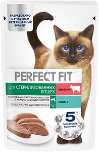 Изображение товара Влажный корм для стерилизованных кошек Perfect Fit полнорационный паштет с говядиной 75г