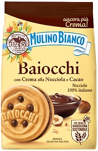 Изображение товара Печенье Mulino Bianco Байокки сандвичное сахарное с какао-ореховым кремом 260г