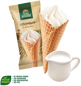 Изображение товара Мороженое Село Зеленое Пломбир с ароматом Ванили в вафельном рожке 15% 110г