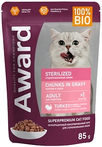 Изображение товара Влажный корм для кошек Award Sterilized для стерилизованных кусочки в соусе с индейкой 85г