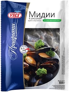 Изображение товара Мидии Vici в ракушках варено-мороженые в собственном соку 500г