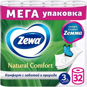 Изображение товара Туалетная Бумага Zewa Natural Comfort 32 рулонов 3 слоя