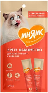Изображение товара Крем-лакомство для кошек Мнямс с тунцом Кацуо и морским гребешком 15г*4шт