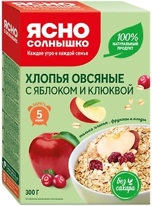 Изображение товара Хлопья Ясно солнышко Овсяные с клюквой и яблоком 300г