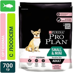 Изображение товара Сухой корм для собак Pro Plan Optiderma Small&Mini Adult Sensitive Skin для мелких пород для здоровья кожи и шерсти с лососем 700г
