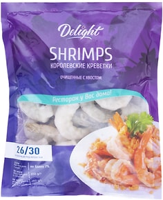 Изображение товара Креветки Delight 26/30см очищенные с хвостом замороженные 280г