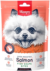 Изображение товара Лакомство для собак Wanpy Dog кусочки из нежного лосося в форме рыбок 100г