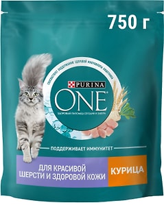 Изображение товара Сухой корм для кошек Purina ONE для красивой шерсти и здоровой кожи с курицей 750г