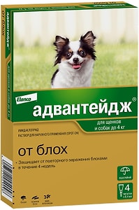 Изображение товара Капли для собак Bayer Адвантейдж до 4кг от блох 4 пипетки*0.4мл