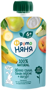 Изображение товара Пюре ФрутоНяня Яблоко Груша Банан Персик с йогуртом 90г