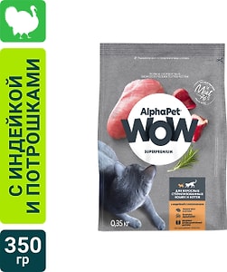 Изображение товара Сухой корм для стерилизованных котов и кошек AlphaPet Wow SuperPremium с индейкой и потрошками 350г