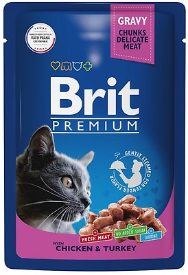 Влажный корм для взрослых кошек Brit Premium с цыпленком и индейкой 85г