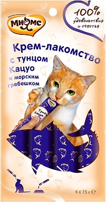 Крем-лакомство для кошек Мнямс с тунцом Кацуо и морским гребешком 15г*4шт