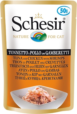 Влажный корм для кошек Schesir Тунец цыпленок с креветками 50г