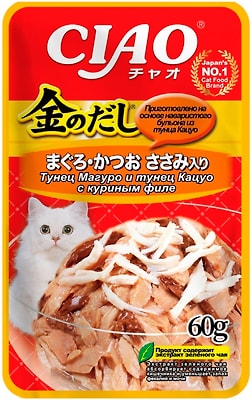 Влажный корм для кошек Ciao Kin no dashi Тунец Магуро и тунец Кацуо с куриным филе 60г