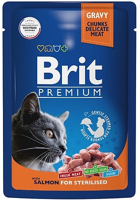 Влажный корм для взрослых стерилизованных кошек Brit Premium с лососем в соусе 85г