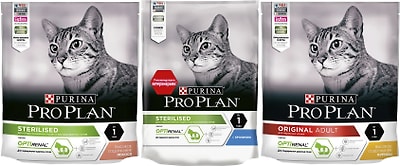 Набор сухих кормов Pro Plan Optirenal Sterilised для стерилизованных кошек с лососем 400г + с кроликом 200г + Original Adult с курицей 400г
