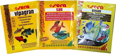 Набор кормов для рыб Sera основной San для улучшения окраски 10г + Vipagran гранулы 12г + Vipan хлопья 12г