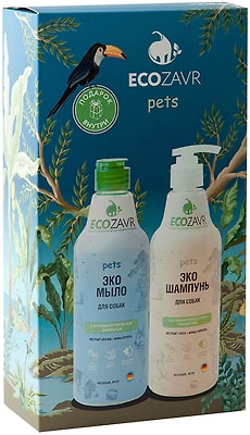 Набор подарочный Ecozavr Эко-мыло для собак с антибактериальным эффектом Хлопок 500мл и Эко-шампунь для собак с антибактериальным эффектом Алоэ 500мл
