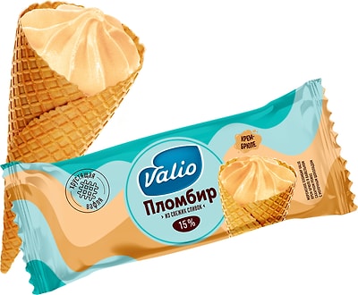 Мороженое Valio пломбир крем-брюле с молочным шоколадом в вафельном сахарном рожке 90г