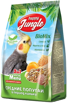Корм для птиц Happy Jungle для средних попугаев при линьке 500г