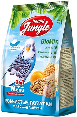 Корм для птиц Happy Jungle для волнистых попугаев при линьке 500г