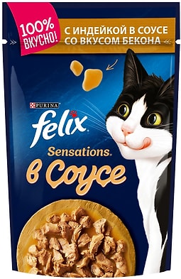 Корм для взрослых кошек Felix Sensations с индейкой в соусе со вкусом бекона 85 г
