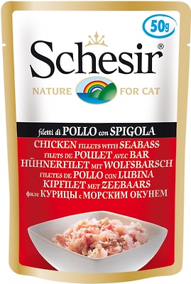 Влажный корм для кошек Schesir Цыпленок с морским окунем 50г