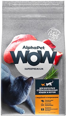 Сухой корм для кошек AlphaPet Wow SuperPremium с индейкой и потрошками 350г