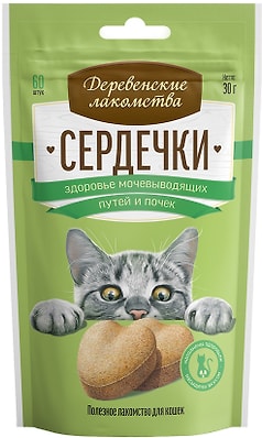 Лакомство для кошек Деревенские лакомства Сердечки для здоровья мочевыводящих путей и почек 30г
